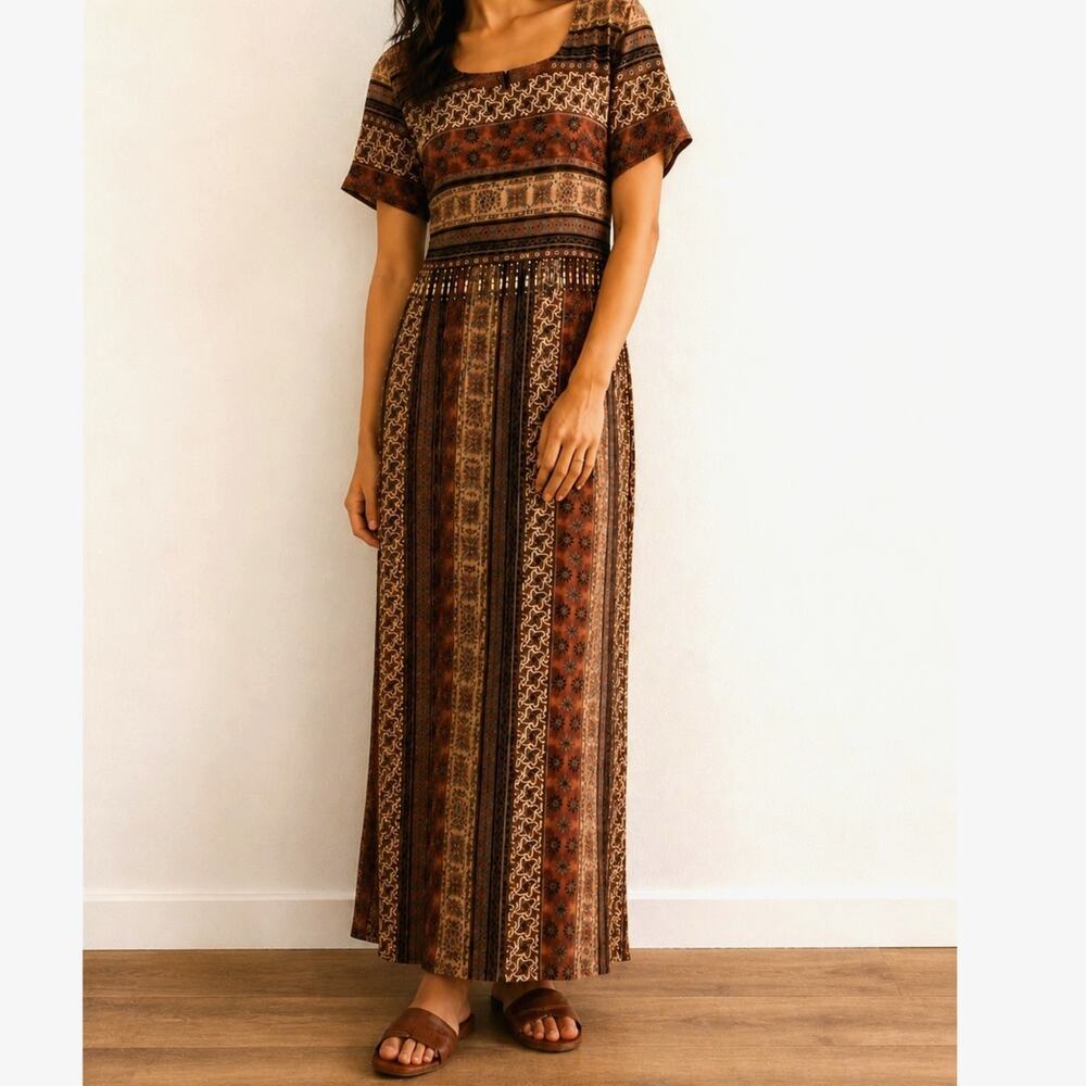 Vintage 90s Chiasso Beaded Rayon Maxi Dress Brown Tribal Print Boho Festival M/L